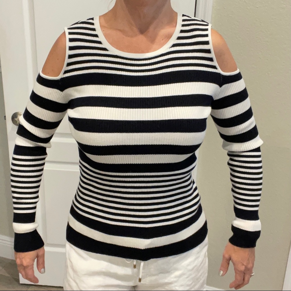 Black and white striped cold shoulder sweater